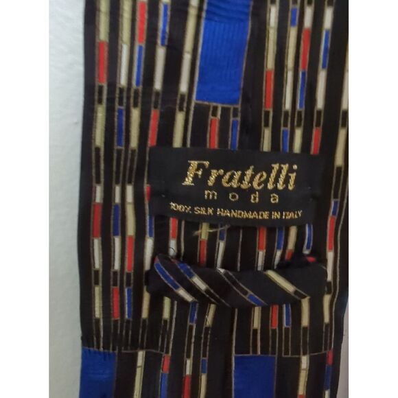 Fratelli Moda Mens Necktie Abstract Black Multicolor Stripe 100% Silk Italy - Picture 4 of 6